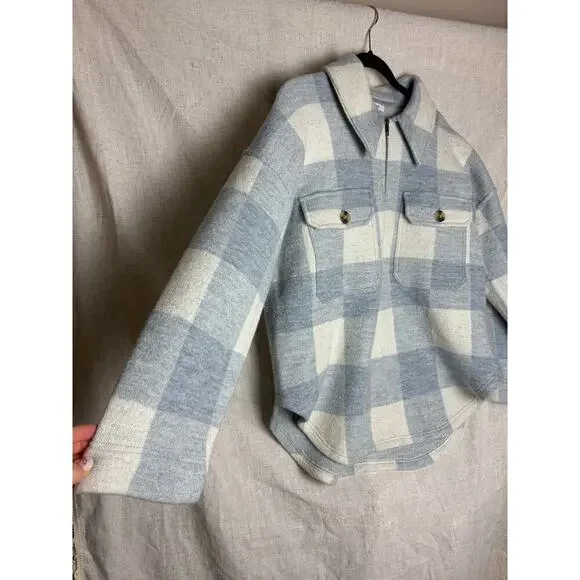 Madewell Boiled Wool Half Zip Popover Sweater Buffalo Check Heather Cream Sz.L - Picture 10 of 12